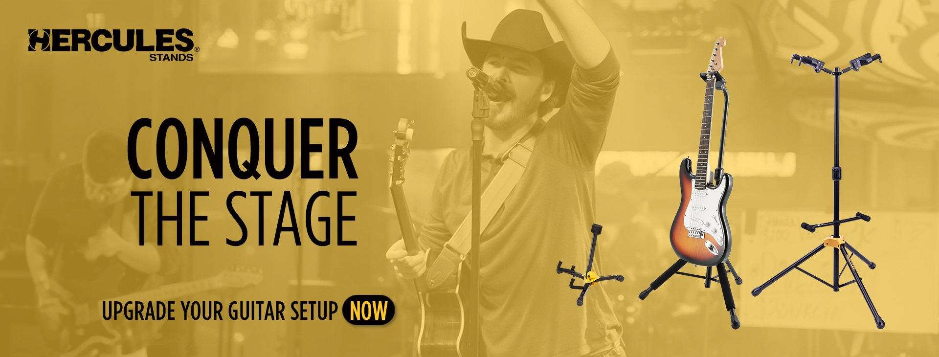 Conquer the Stage with Hercules Guitar Stands Banner